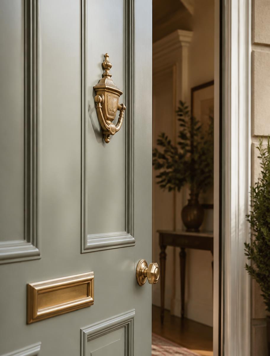 A panelled front door with brass knocker on a home near Sunningdale